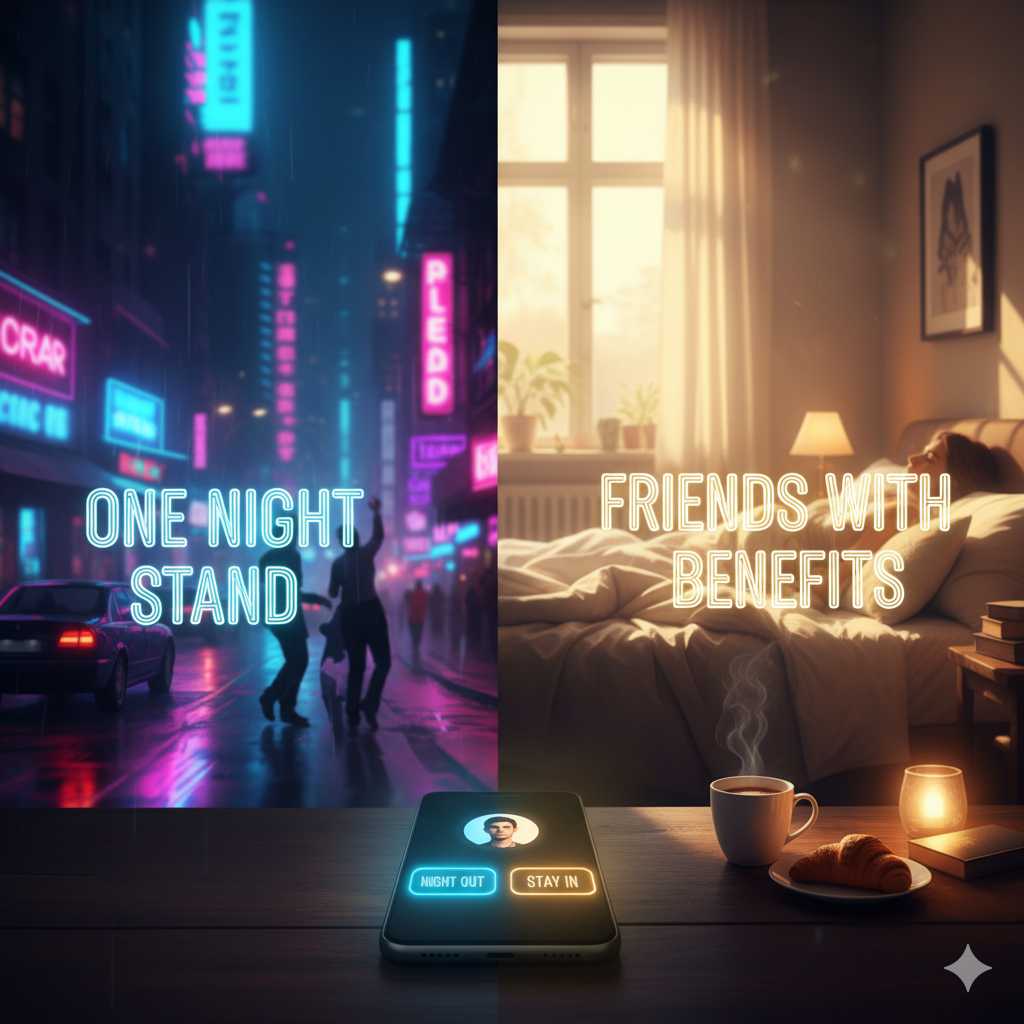 Comparison between one night stand and fwb dating styles on a smartphone screen.