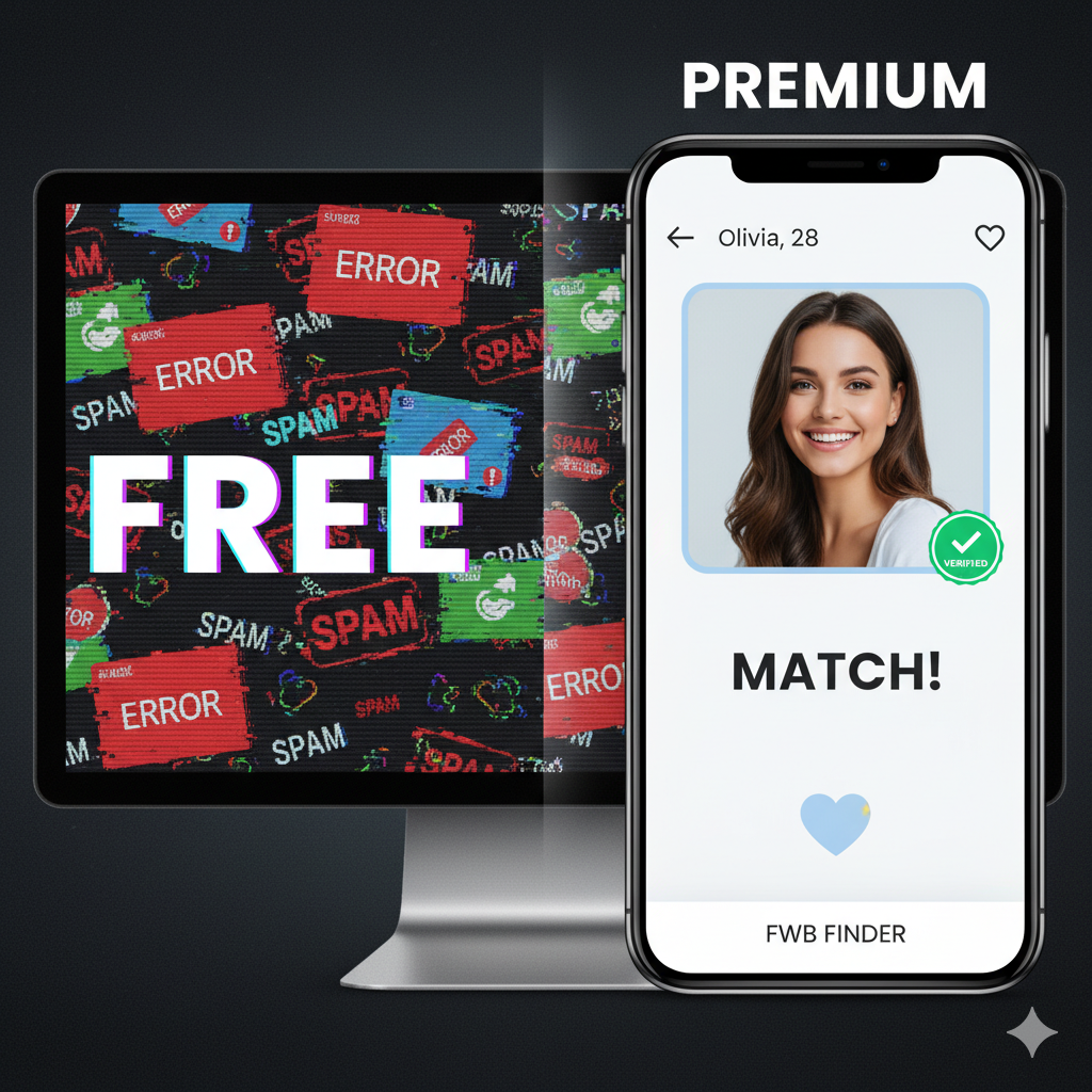 Comparison between risky free hookup sites and secure premium dating apps.